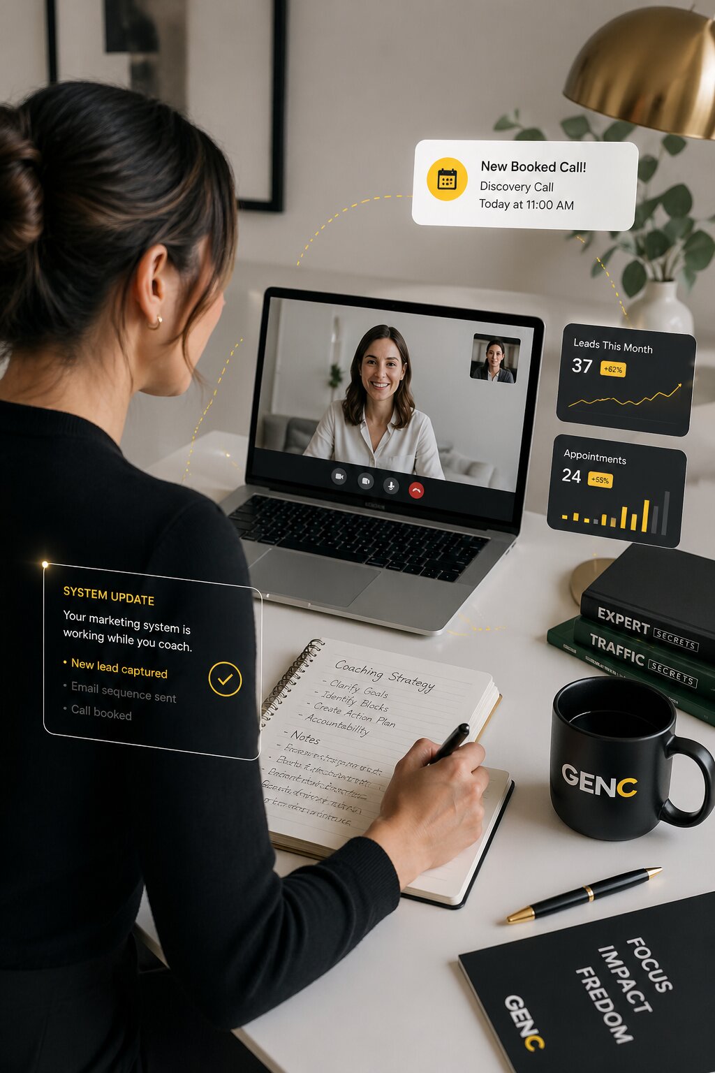 CoachFlow client acquisition system dashboard — done-for-you life coach funnel, email automation, and booking calendar by GENC